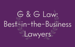 A royal purple background with laurel leaves, overlaid with the title of the blog post: "G & G Law: Best-in-the-Business Lawyers"