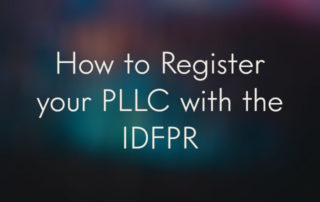 A blurry abstract blue and black background overlaid with the blog title: How to Register your PLLC with the IDFPR