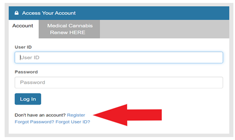 This picture shows the page to login to the IDFPR website. There are two fields: User ID and Password. Beneath these fields is the Log In button, and beneath that is the prompt to create an account. The prompt text reads "Don't have an account?" and a blue hyperlinked text says "Register." A red arrow points towards "Register," which is where one clicks to create an account for their PLLC.