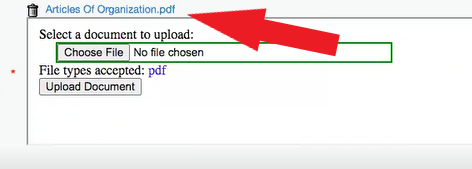 This image shows the same upload box, except that blue text at the top of the box indicates that the file "Articles of Organization.pdf" has been uploaded. A red arrow points to this text and the trash can icon to the left of it.