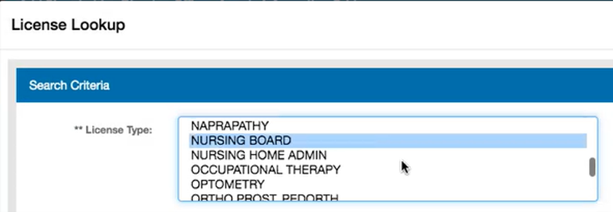 This image shows the selectable list of IDFPR licenses. A blue banner at the top reads "Search Criteria." A drop-down list of License Types is expanded to show a number of different options, where PLLC owners registering their business can select their personal license.