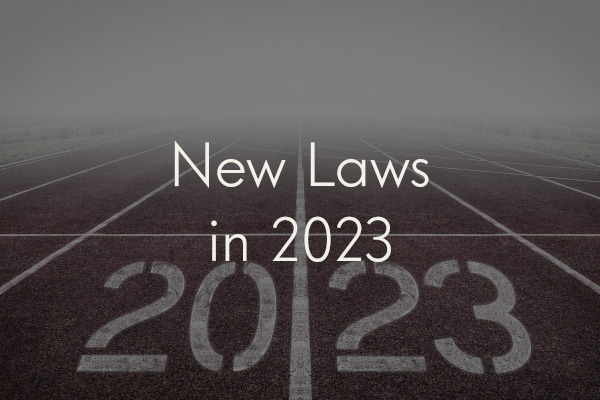 A picture of a foggy running track. The lanes quickly vanish into a thick bank of mist. In one lane, "20" is written in stenciled text. In the next, "23" is written in the same font. Overlaid on the image is the title of the blog post: "New Laws in 2023."