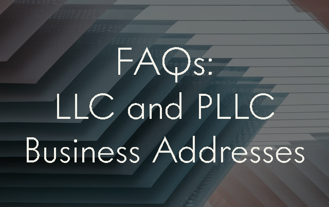 The image features an abstract series of square panes in greens and blues, each one separated by a small airgap. Overlaid on this sequence is the title of the article: "FAQs: LLC and PLLC Business Addresses"
