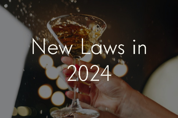 A hand raising a glass of champagne in a toast, overlaid with the title of the post: New Laws in 2024.